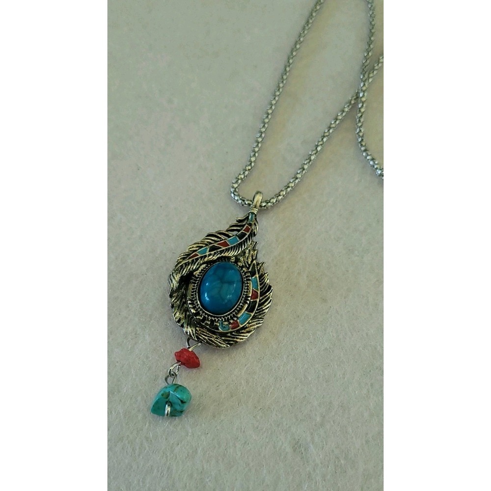 Southwestern Style Feather Pendant Necklace Blue Cabochon Chip Dangles 24in
